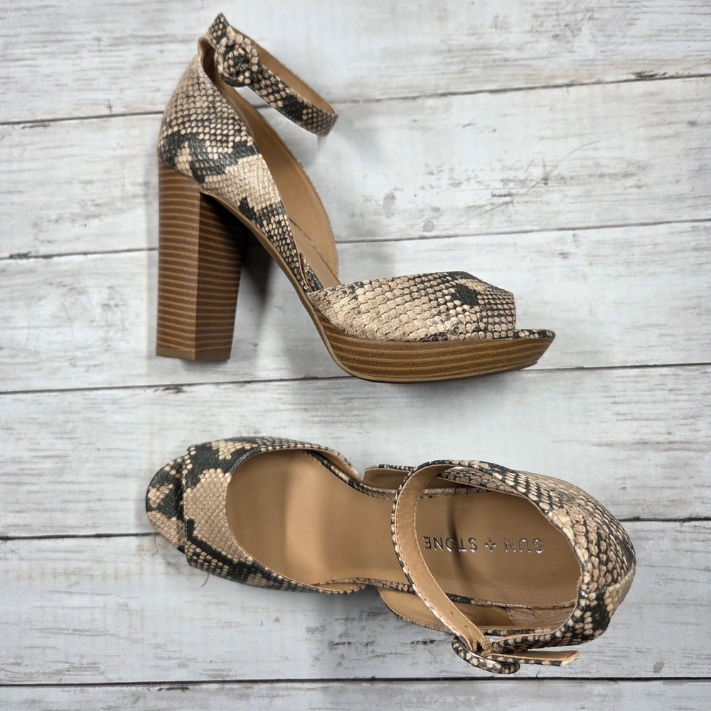 Sun + Stone Platform Sandals Women 9.5M Tan Snakeskin Block Heel Ankle Strap